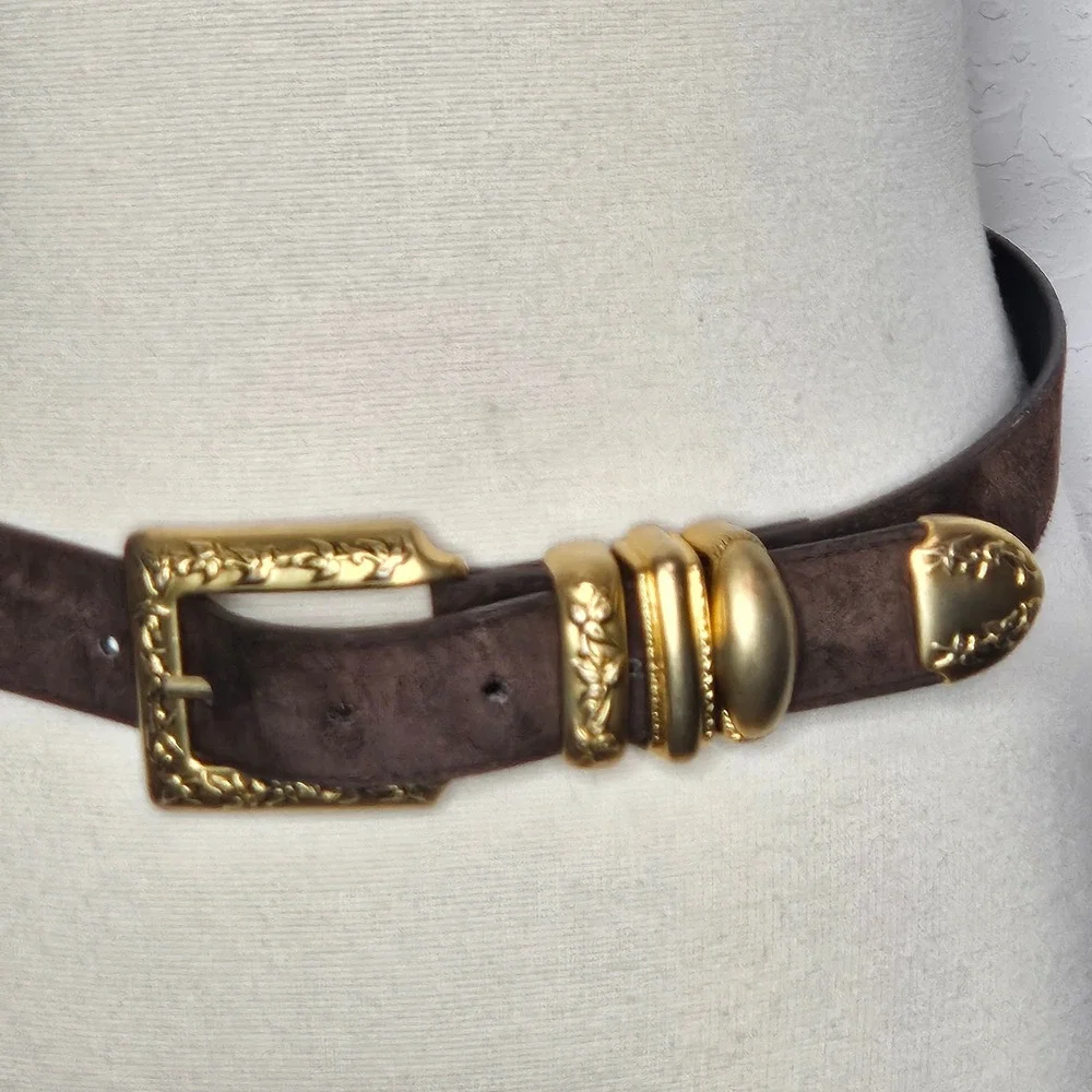 Vintage Express Brown Leather Belt Gold Western Concho Buckle Made Korea Medium
